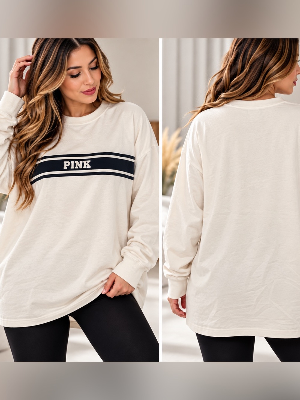 PINK Victoria's Secret Cream Long Sleeve Tee with Black Stripe Logo